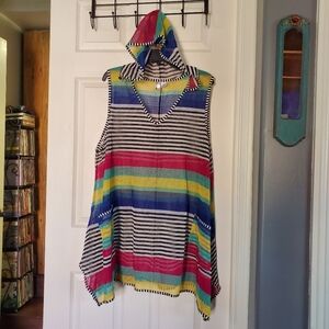 Nouveau Monde Swim Cover Up Multi Rainbow Striped Hood Beach Vacation Summer 2X